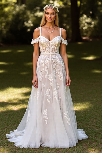 Floral Cold Shoulder White Wedding Dress with Appliques